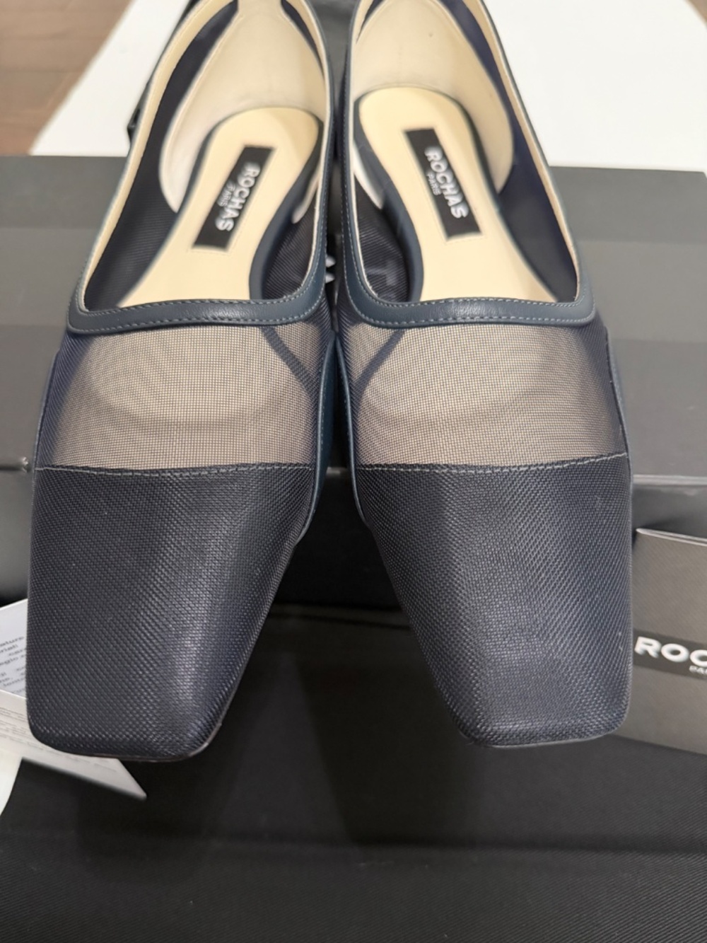 Rochas Paris Sheer Mesh Square Toe Ballet Flats - Navy Blue 37 - Picture 3 of 13